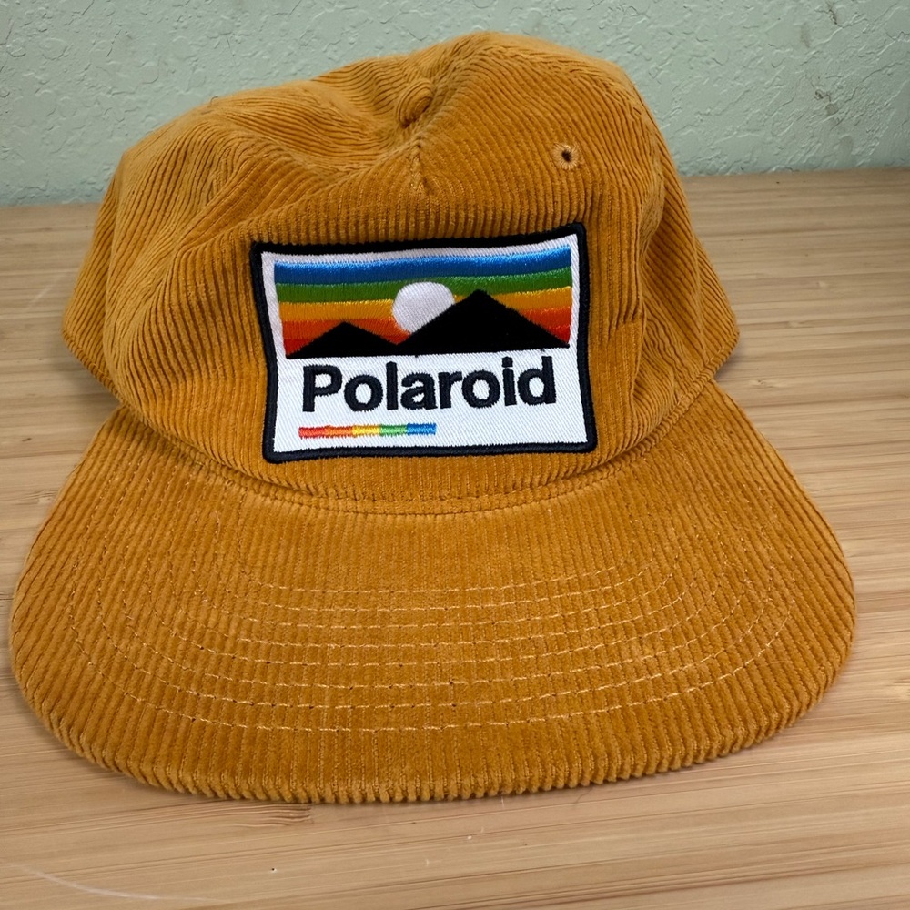 Polaroid Corduroy Snapback Hat Mustard Retro Rainbow Patch Cap